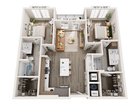 Floor plan for 2 beds, 2 baths, 1053 sqft